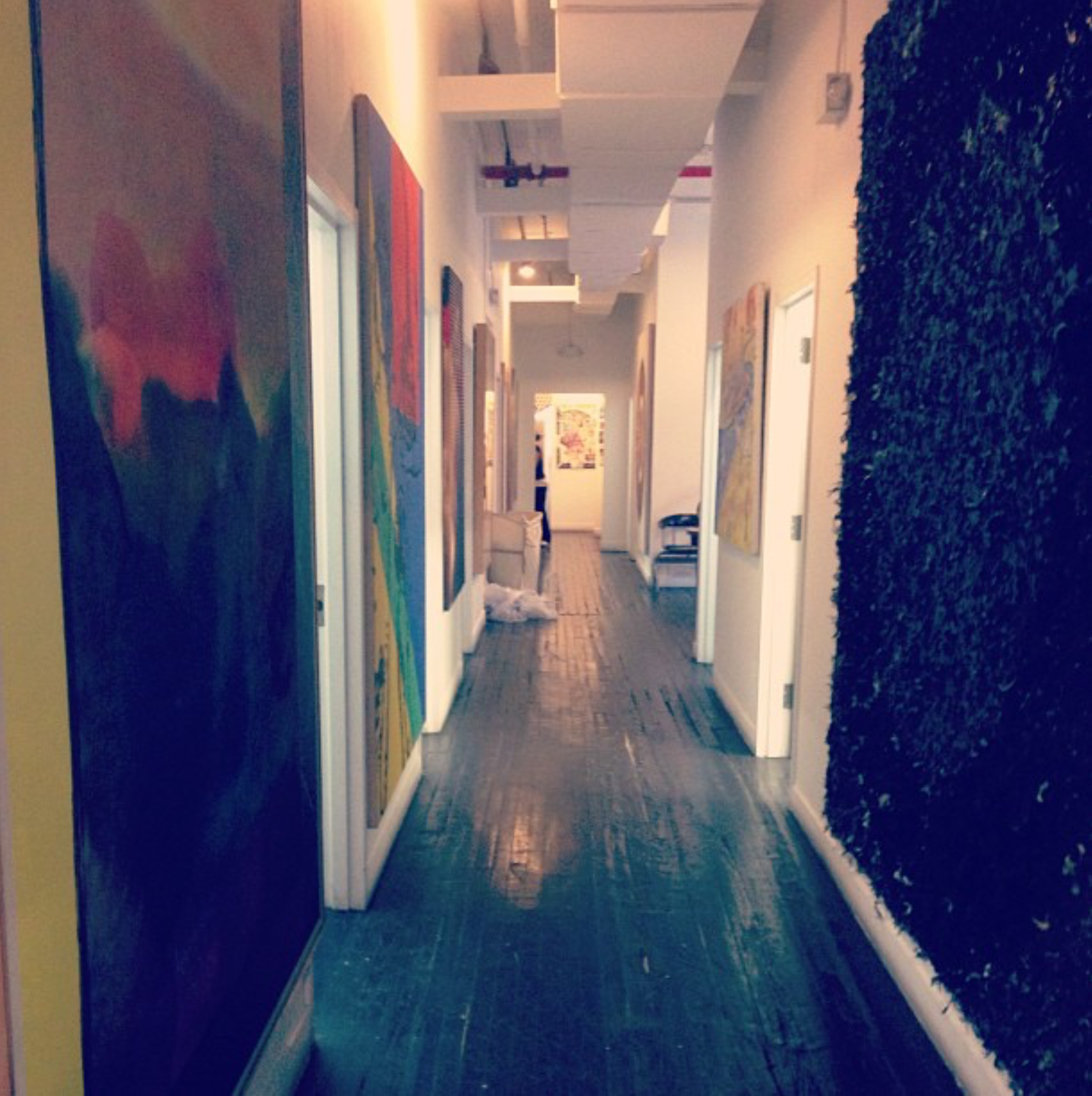 Paintings lining the office hallway
