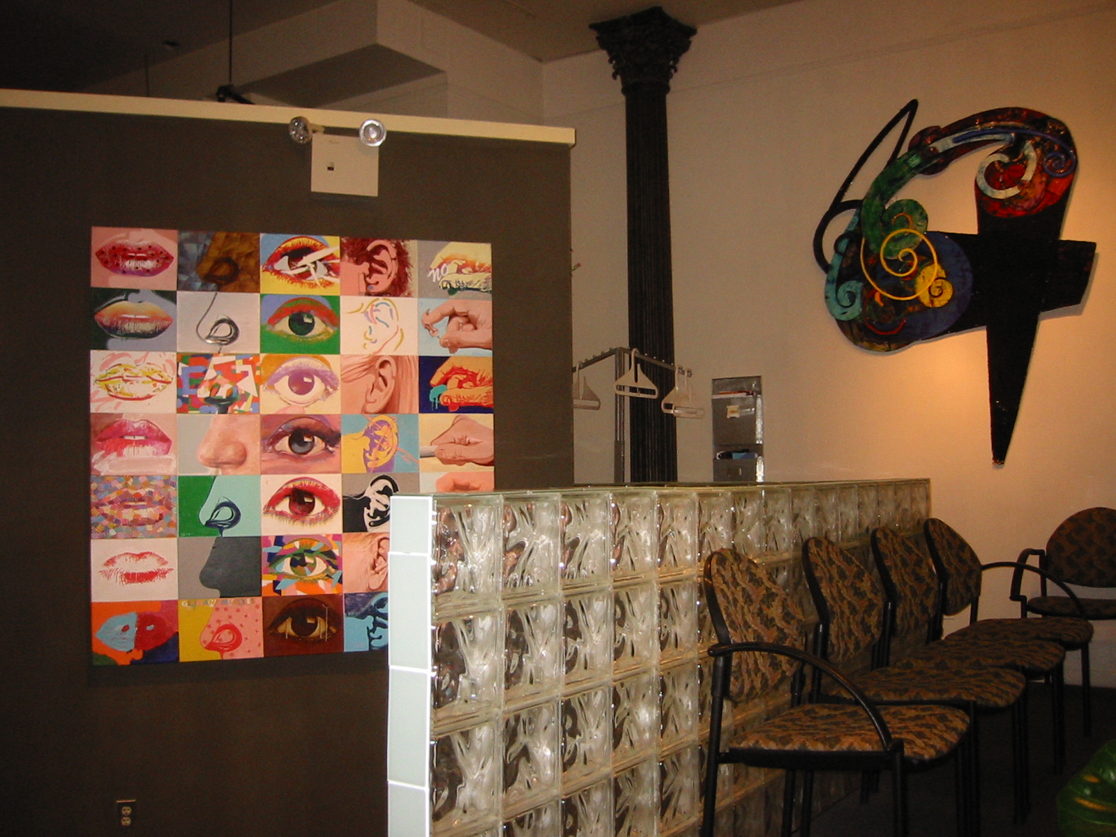 Pop-art collage and sculpture in the waiting area