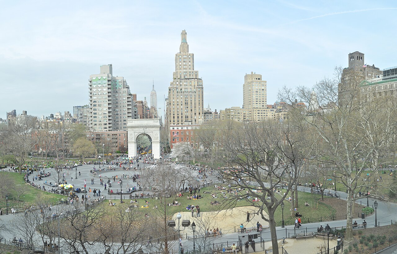 Elevated panoramic view of Washington Square Park with the arch clearly visible